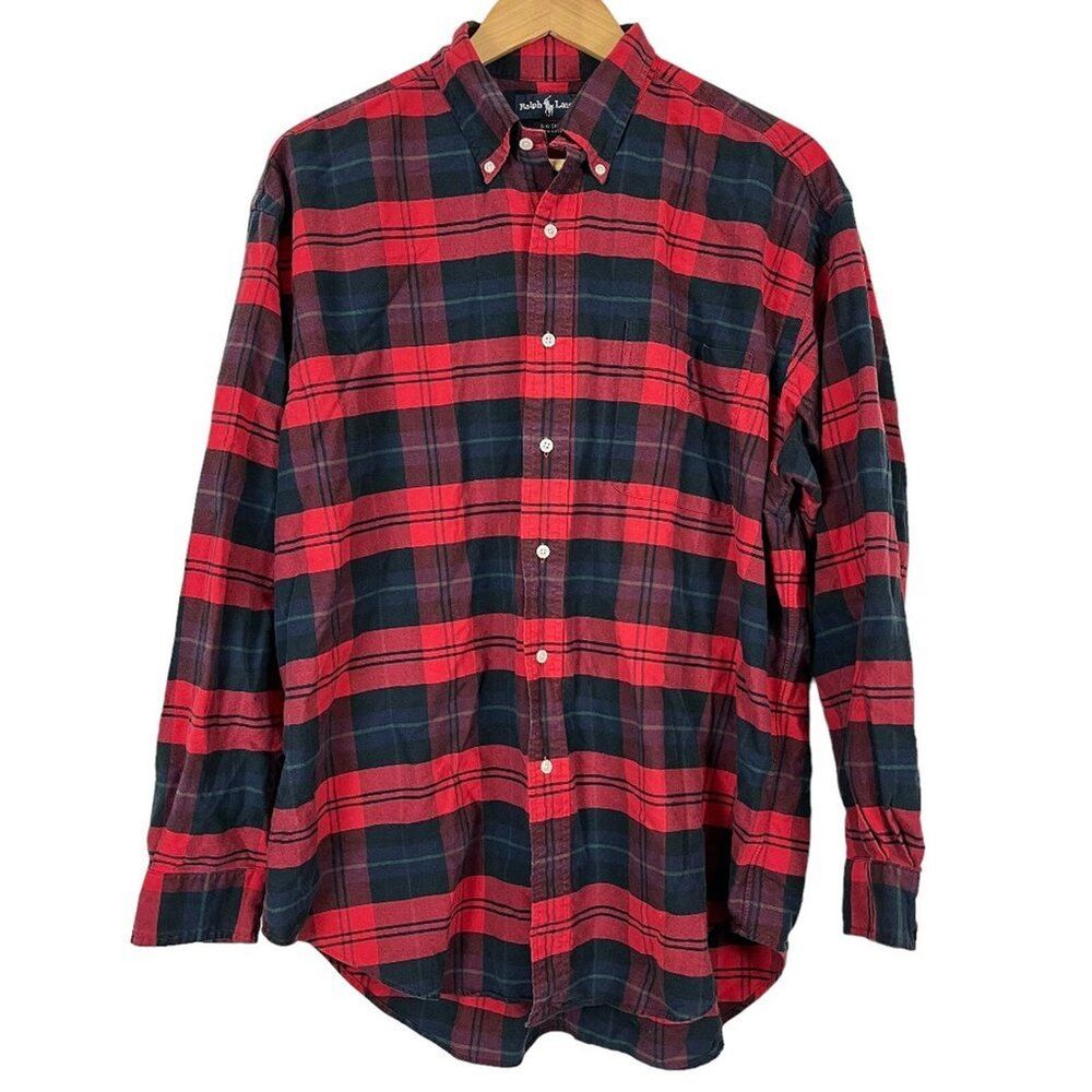 Ralph Lauren Big Shirt Mens Cotton Casual Button Down Buffalo Plaid Grunge Y2K L